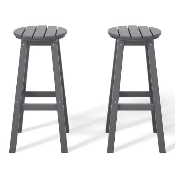 Laguna 29 in. HDPE Plastic All Weather Backless Round Seat Bar Height Outdoor Bar Stool in Gray (Set of 2)