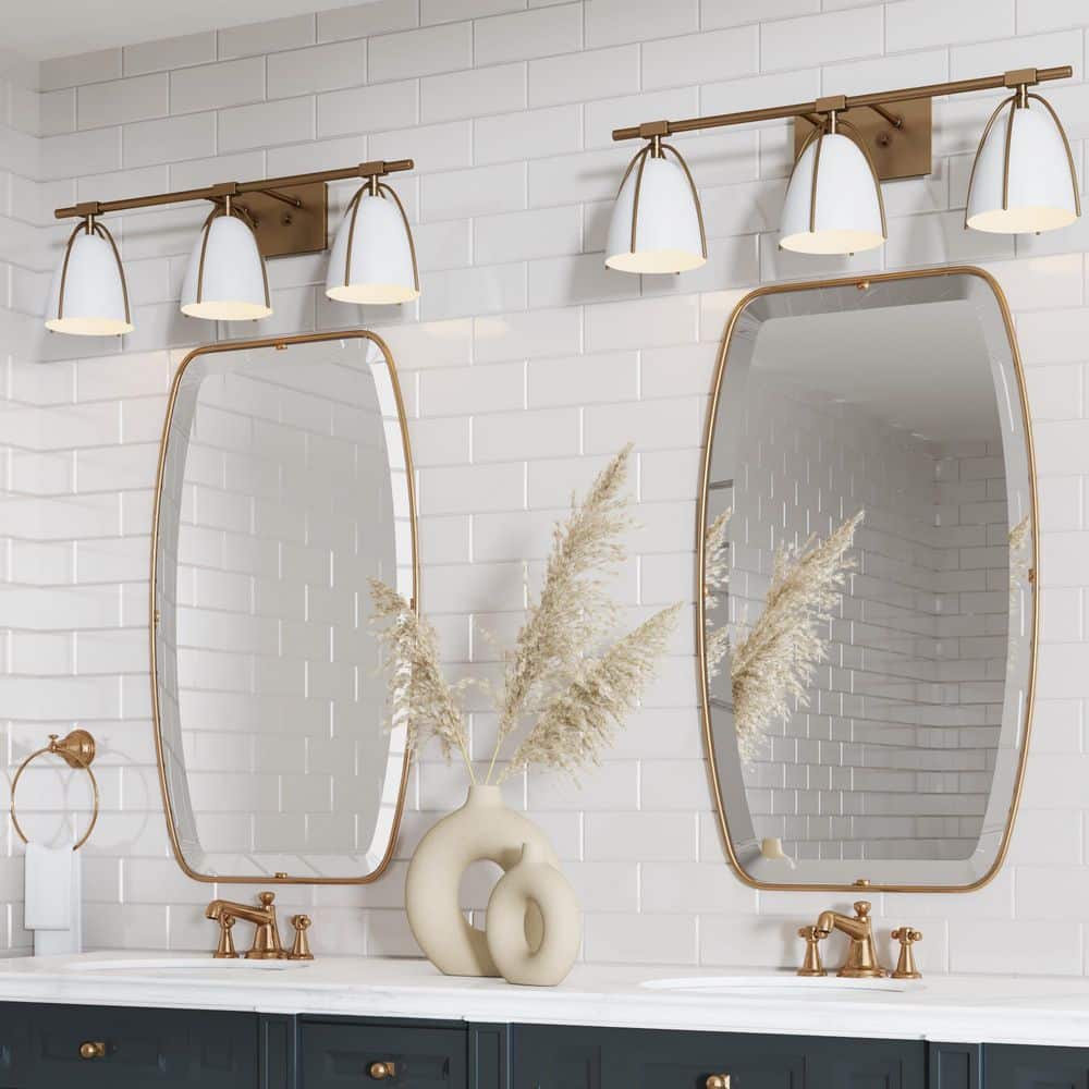 Aubrey 3-Light Gold Brass and White Farmhouse Vanity Fixture