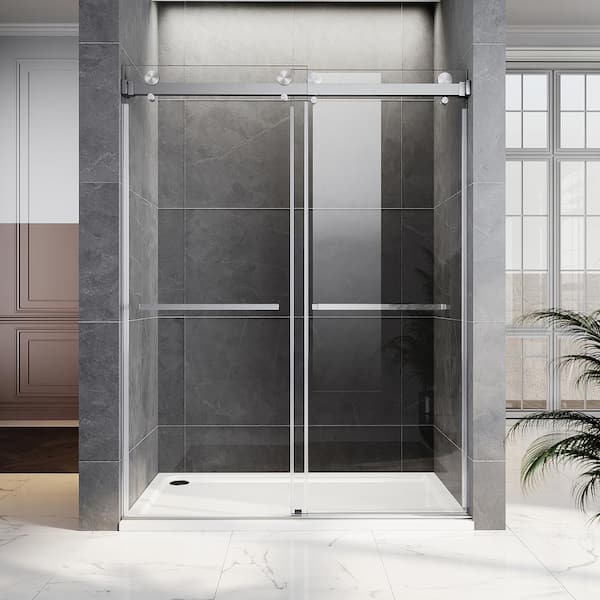 UNIKOO UKD01 66 to 72 in. W x 76 in. H Double Sliding Frameless Shower Door in Brushed Nickel, EnduroShield 3/8 in. Clear Glass