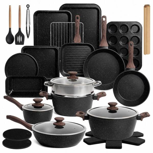 31-Piece Aluminum Nonstick Cooking Cookware Sets with Grill Pan Saucepan Baking Sheet in Black, Quick and Even Heating