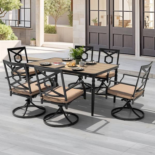 Black 7-Piece Metal Rectangular Outdoor Dining Set with Beige Cushions and Umbrella Hole, Swivel Chairs