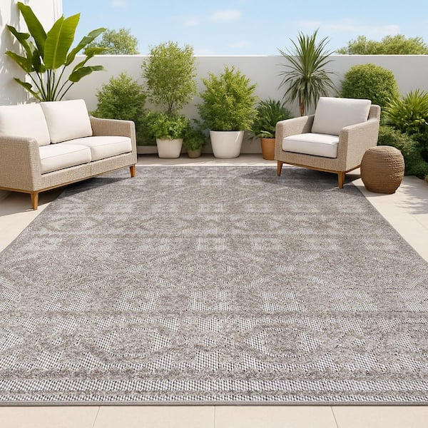 Citta High-Low Pile Mediterranean Tile Dark Gray/Ivory 8 ft. x 10 ft. Indoor/Outdoor Area Rug