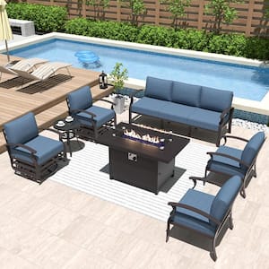 7-Piece Aluminum Patio Conversation Set with armrest, Firepit Table, Swivel Rocking Chairs and Cushion Navy Blue