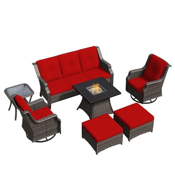 7-Piece Wicker Outdoor Patio Fire Pit Seating Sofa Set with Red Cushions