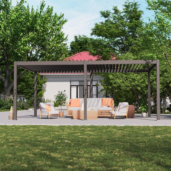 JOYESERY 12 ft. x 20 ft. Modern Steel Louvered Pergola Outdoor Pergola with Adjustable Roof for Backyard, Brown