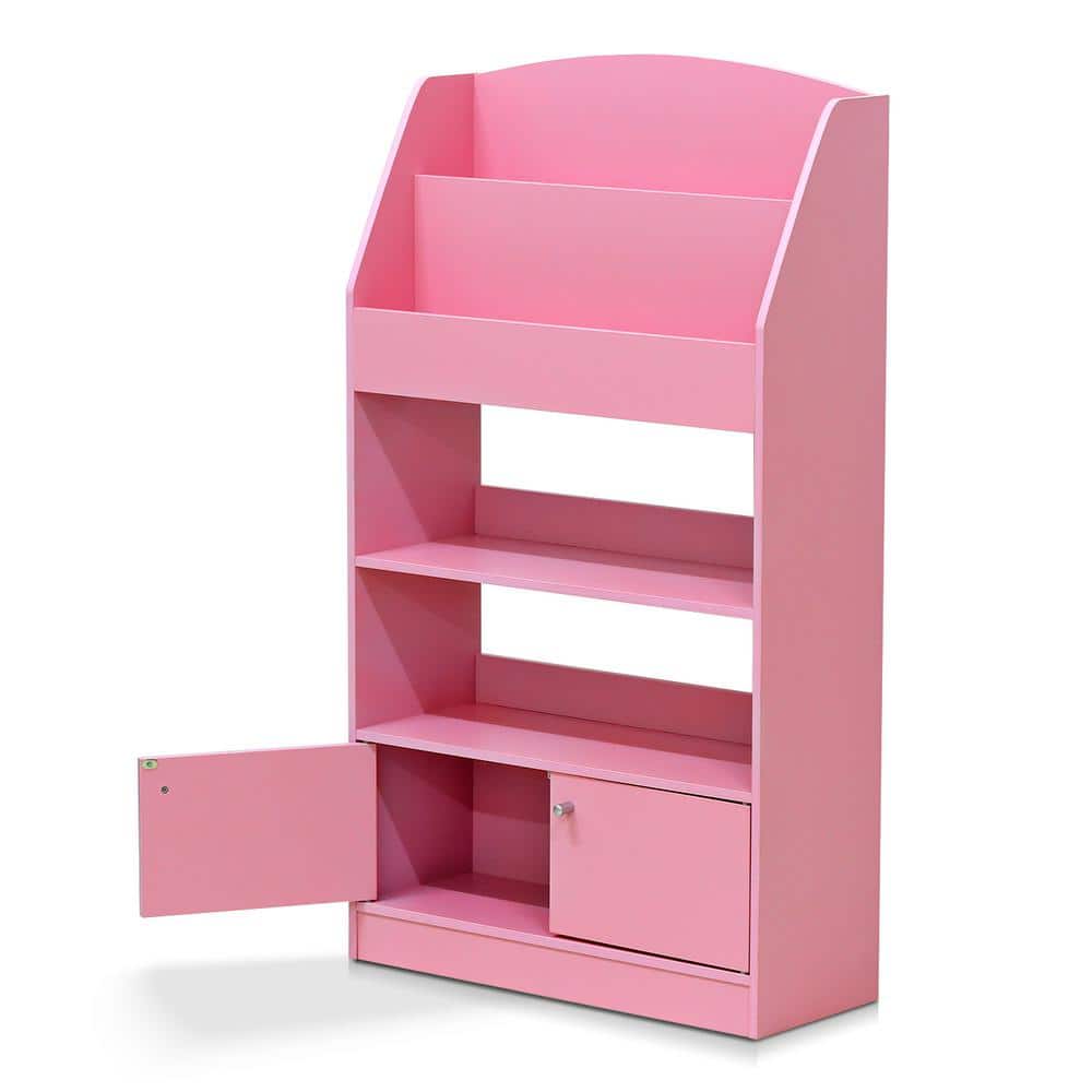 Contemporary Laminated Pink Wood Bookshelf for Kids with 4 Tiers and Cabinet