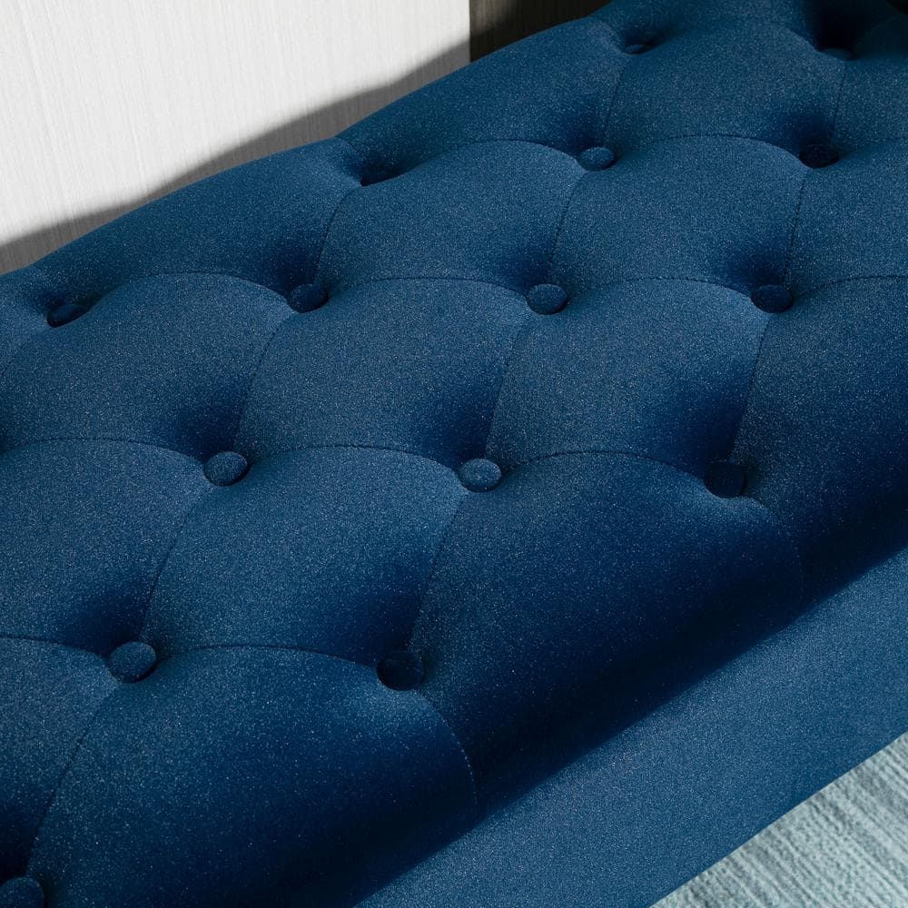 Elegant Blue Velvet Button-Tufted Ottoman Bench with Storage and Rolled Armrests