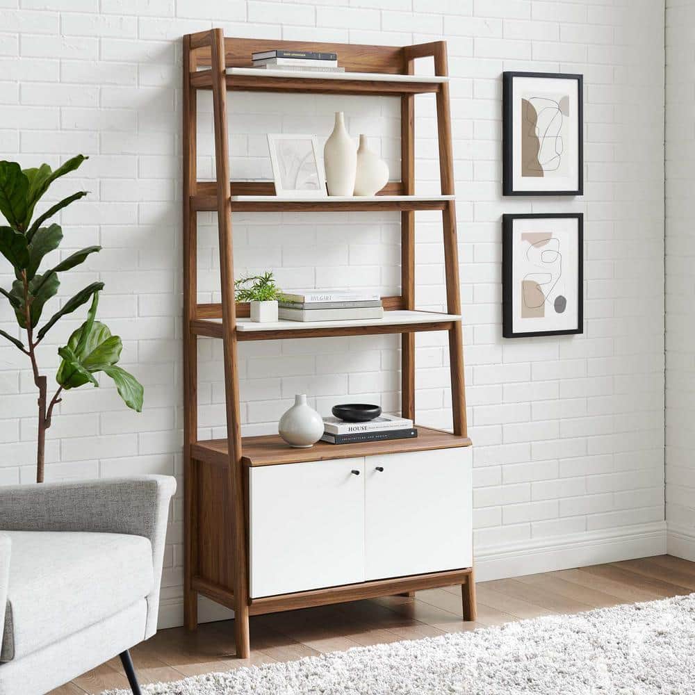 Walnut White 33" Tiered Bookshelf with Concealed Storage
