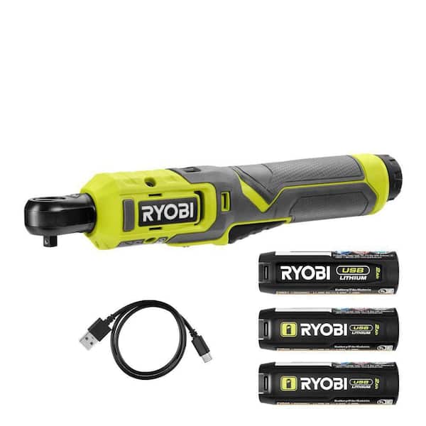 RYOBI USB Lithium 1/4 in. Ratchet Kit with 2.0 Ah Battery, Charging Cable, and USB Lithium 2.0 Ah Batteries (2-Pack)