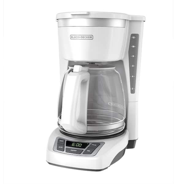 BLACK+DECKER 12-Cup Digital Coffee Maker, Programmable Washable Basket Filter Sneak-A-Cup Auto Brew Water Window Keep Hot Plate white