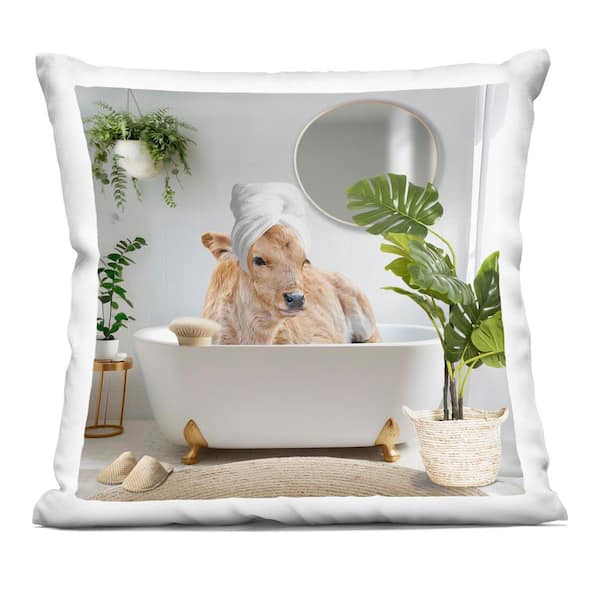 Pampered Cow in Bath Grey Abstract Polyester 18 in. x 18 in. Throw Pillow