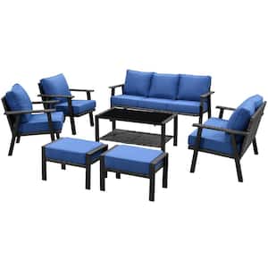 Walden Grey 7-Piece Wicker Metal Outdoor Patio Conversation Sofa Seating Set with Sky Blue Cushions
