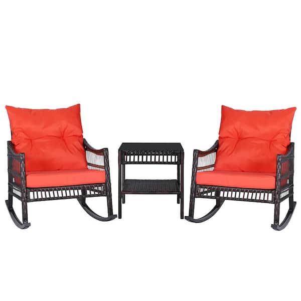 VEIKOUS Red Wicker Outdoor Rocking Chair Set with Grey Cushions, 2-Chairs and 1-Table
