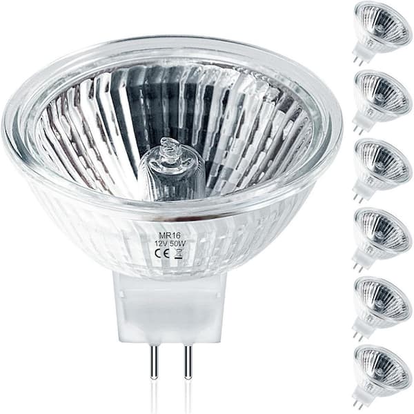 50W MR16 Halogen Bulbs, 6 Pack, 12V, GU5.3 Base, Dimmable, Clear Glass Cover
