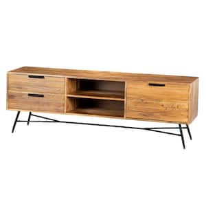 Roomy Brown and Black Wooden Media Console with Slanted Metal Base