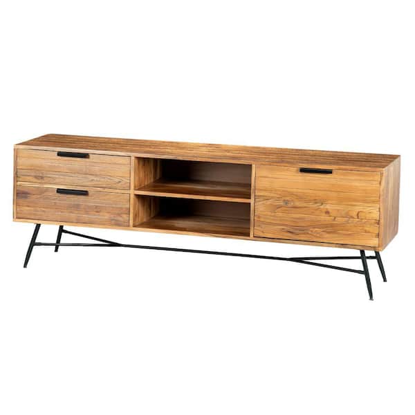 THE URBAN PORT Roomy Brown and Black Wooden Media Console with Slanted Metal Base