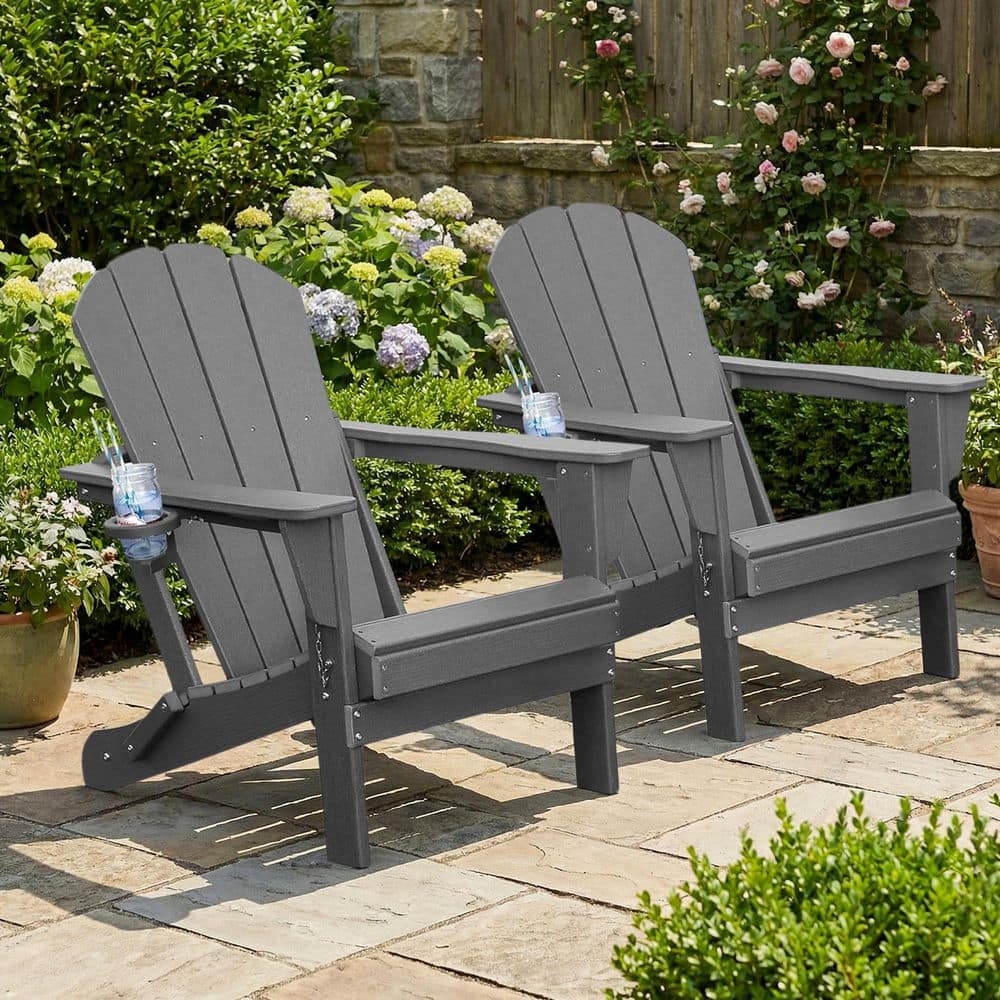 Gray Outdoor Folding Plastic Adirondack Chair with Cup Holder for