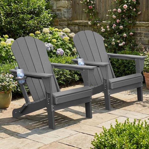 Gray Outdoor Folding Plastic Adirondack Chair with Cup Holder for