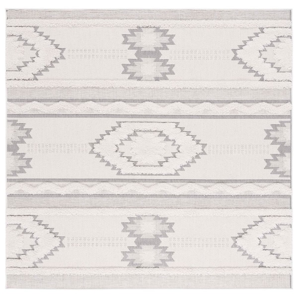 SAFAVIEH Cottage Ivory/Light Gray 7 ft. x 7 ft. High-Low Geometric Indoor/Outdoor Square Area Rug