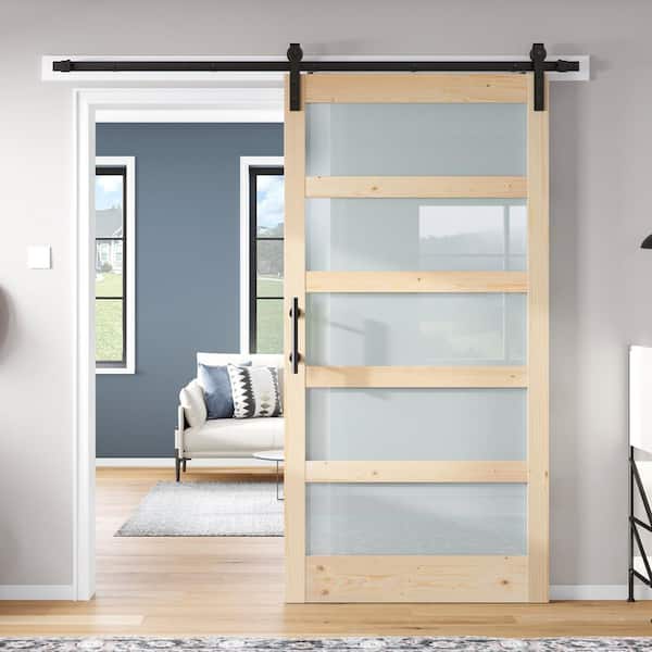 easelife 42 in. x 84 in. 5 Lite Frosted Glass Spruce Finished Sliding Sliding Barn Door with Hardware Kit