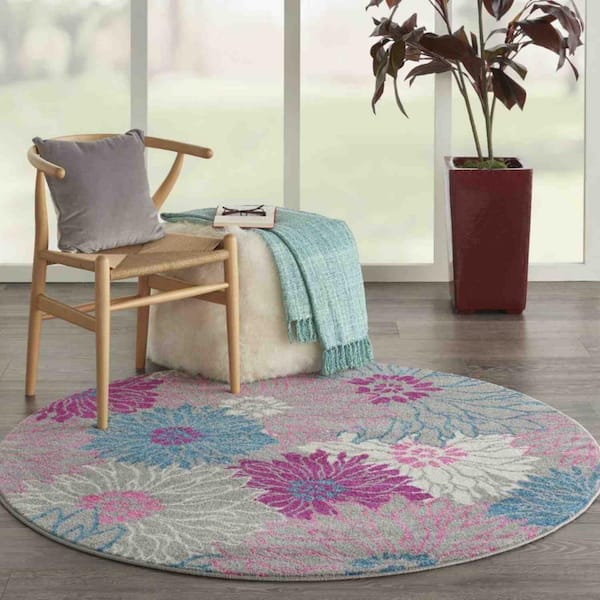 Bernadette Gray 4 ft. Round Floral Polypropylene Area Rug