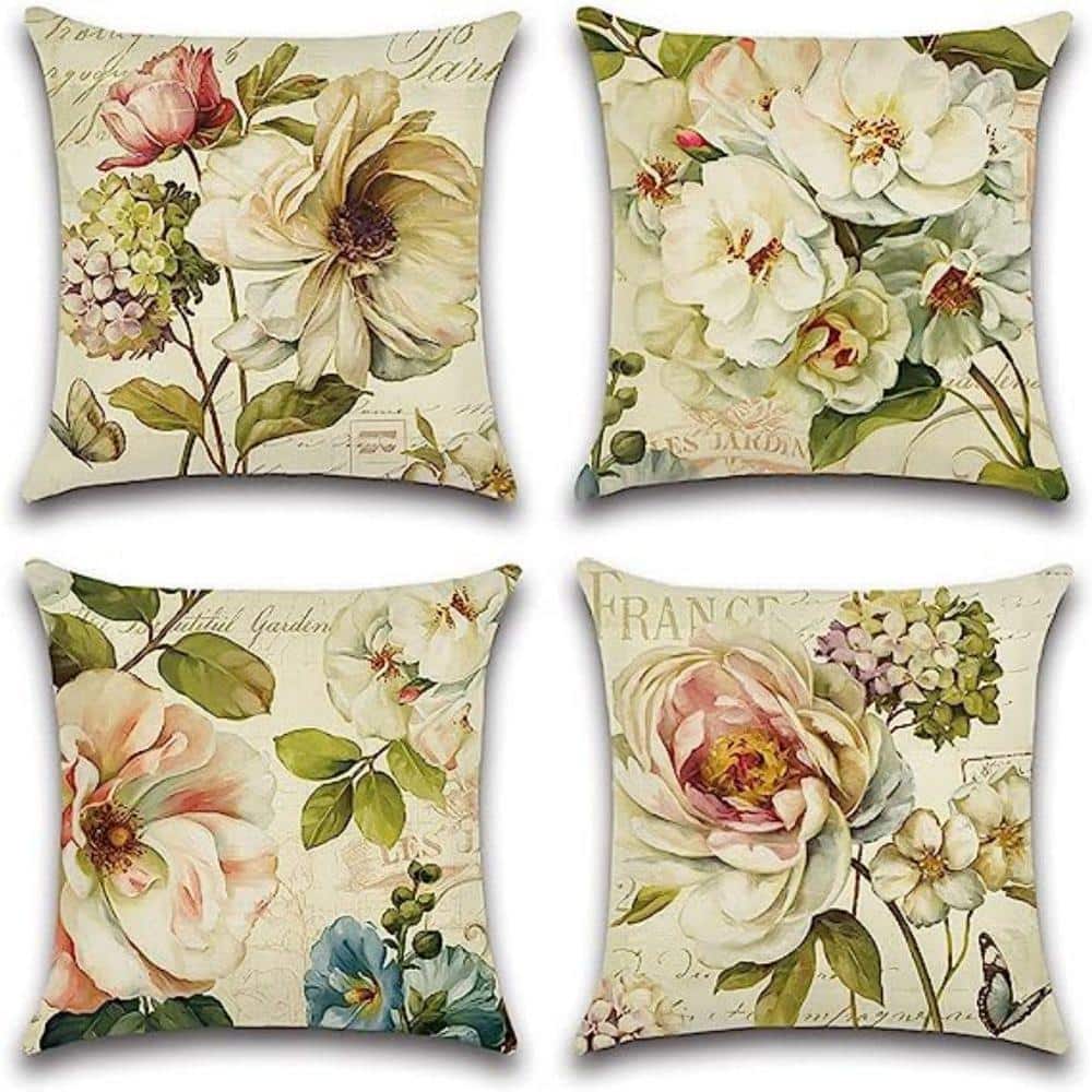 Outdoor Throw Pillow Covers 18 in. x 18 in. Vintage Flowers Pattern Decorat