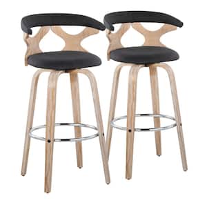 Gardenia 29.25 in. Charcoal Fabric, White Washed Wood and Chrome Metal Fixed-Height Bar Stool Round Footrest (Set of 2)