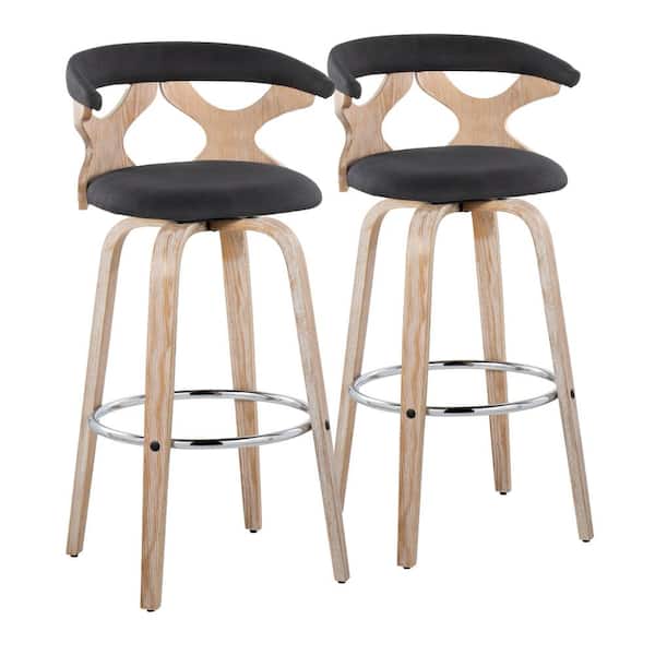 Lumisource Gardenia 29.25 in. Charcoal Fabric, White Washed Wood and Chrome Metal Fixed-Height Bar Stool Round Footrest (Set of 2)