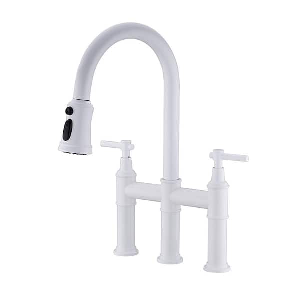 GIVING TREE Double-Handle Bridge Kitchen Faucet with Pull-Down Sprayhead in Matte White