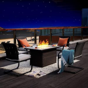 5-Piece Steel Patio Fire Pit Conversation Set with Grey Removeable Cushions and 43 in Rectangle Gas Fire Table