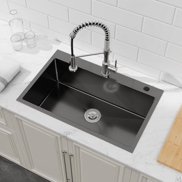 TMS 30 in. L x 19 in. W Black Drop-in/Undermount Single Bowl Steel Kitchen Sink with Strainers