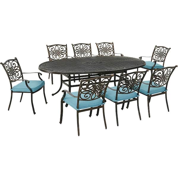 Hanover Traditions 9-Piece Aluminum Outdoor Dining Set with Blue Cushions, 8 Stationary Chairs and Oval Cast Table