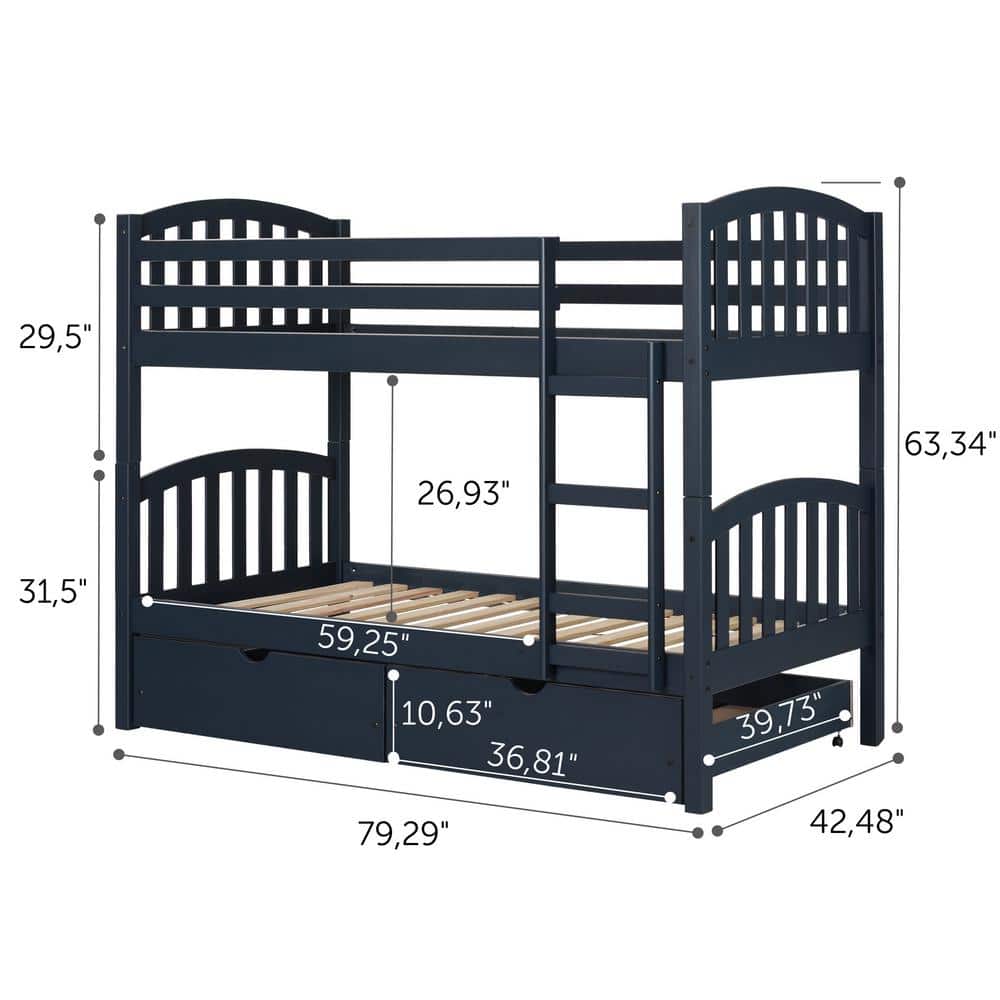 Navy Blue Twin Bunk Bed with Storage Drawers and Pine Frame