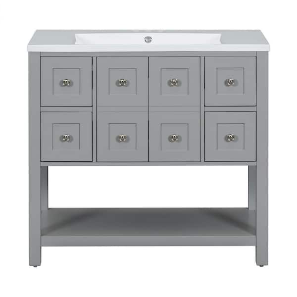 Aoibox 36 in. W x 18 in. D x 34 in. H Freestanding Bath Vanity in Gray withWhite Rasin Top Undermount , 4 Drawers, 2 Door