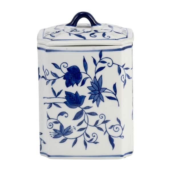 Liv & Skye 8 in. Blue Ceramic Box Chinoiserie Jar with Lid