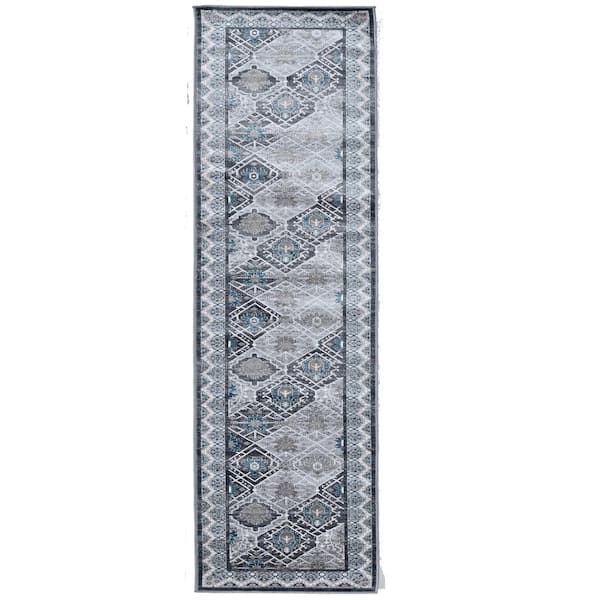 Linon Home Decor Crop Belouch 2 ft. x 10 ft. Grey and Charcoal Rug Runner