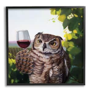 "Great Horned Owl Drinking Red Wine Vineyard Bird" by Lucia Heffernan Framed Animal Wall Art Print 12 in. x 12 in.