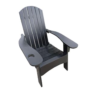Wood Outdoor Adirondack Chair with Umbrella Hole, Backrest Inclination, High Backrest, for Fire Pit, Pool, Beach, Black