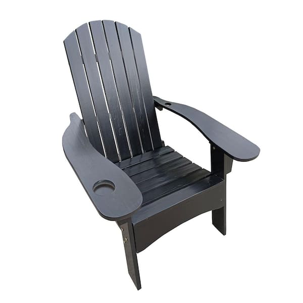 COOLSHARK Wood Outdoor Adirondack Chair with Umbrella Hole, Backrest Inclination, High Backrest, for Fire Pit, Pool, Beach, Black