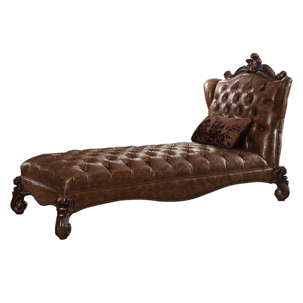 Handcrafted Brown Faux Leather Chaise with Cherry Oak Finish