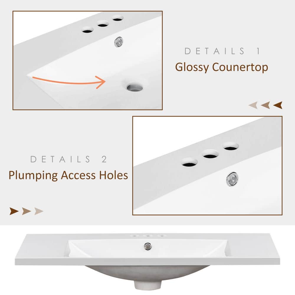 36" White Resin Square Bathroom Sink with Faucet Holes