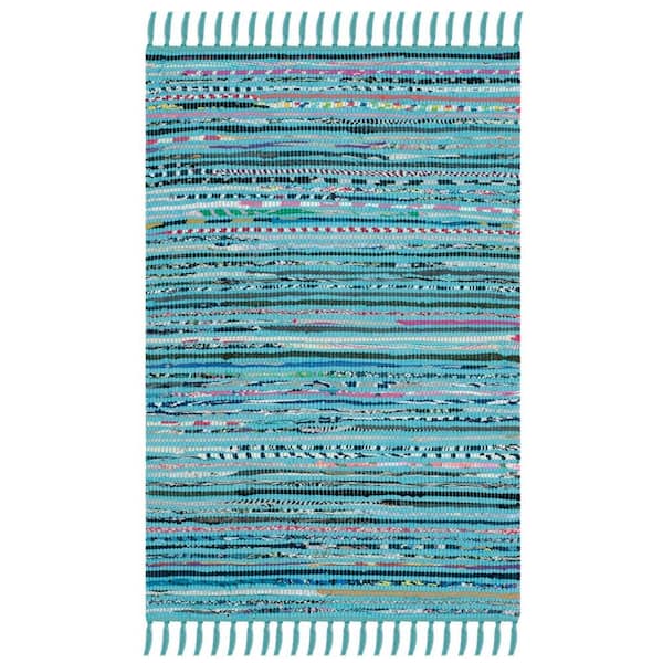 SAFAVIEH Rag Rug Turquoise/Multi Doormat 3 ft. x 4 ft. Gradient Solid Striped Area Rug