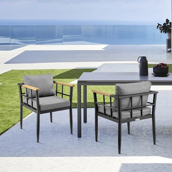 Armen Living Beowulf Black Aluminum Outdoor Dining Chair with Dark Grey Cushions (2-Pack)