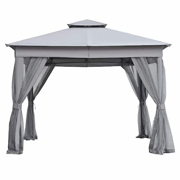 10 ft. x 10 ft. Gray Polyester and Steel Outdoor Gazebo Tent Patio Gazebo with Mosquito Netting Double Roofs