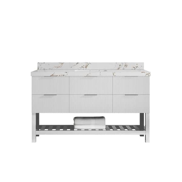 Willow Collections Catalina 60 in. W x 22 in. D x 36 in. H Single Sink Bath Vanity in White with 2 in. Viola Brown Quartz Top