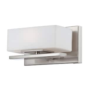 Meridian 8 in. 1-Light Satin Platinum Retro Vanity with Opal Glass Shade