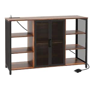 Rustic Brown 47 in. Wine Bar Cabinet with Charging Station, with Adjustable Shelf and 6 Open Shelves, Stand for Home