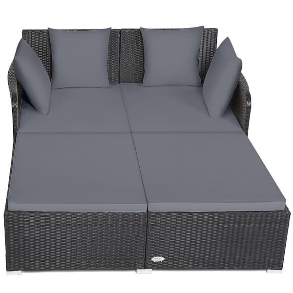 Costway 1-Piece Wicker Outdoor Day Bed Pillows Sofa Furniture with Gray Cushions