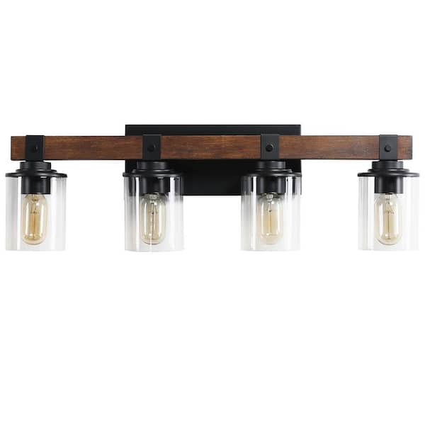 Staykiwi 27 in. 4-Lights Walnut and Black Farmhouse Vanity Light Bathroom Light Fixture Bathroom Sconce with Clear Glass shade