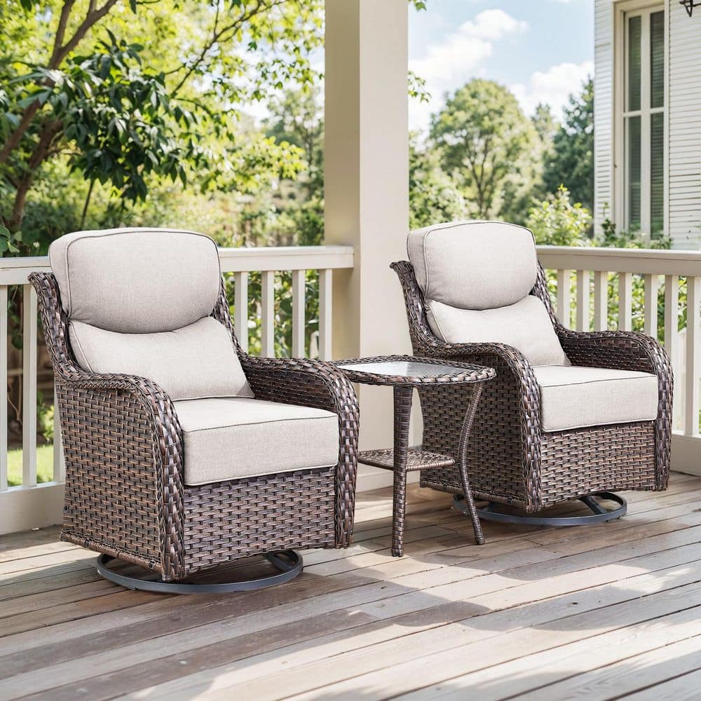 MoonLuxe Brown Swivel Glider Wicker Patio Conversation Set with Beige Olefin 6 in. Thick Cushions/Side Table (3-Piece) price history on PriceWatchPro
